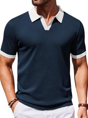 Women's Navy Blue & White V-Neck Short Sleeve Stretch Knit Polo Shirt Top